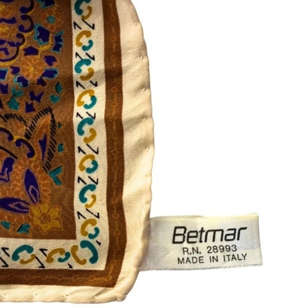 Vintage Betmar Silk Scarf Made in Italy Paisley Square Brown Gold Cream 30x30